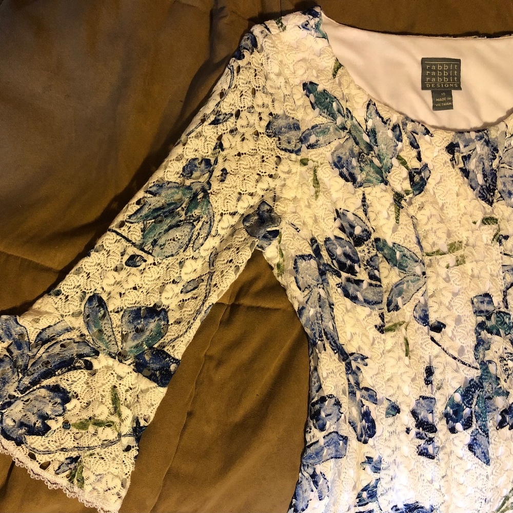 Rabbit Rabbit Rabbit Design 3/4 Bell Sleeve Floral Lace Fit + Flare Dress